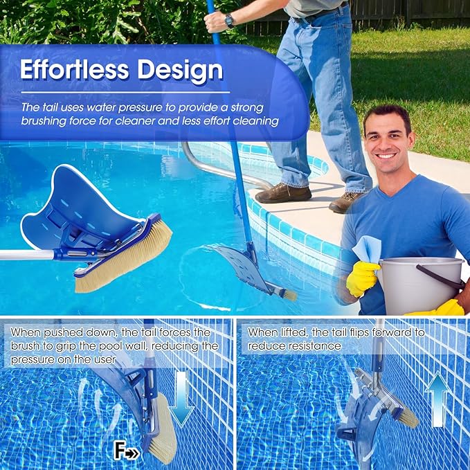 Pool Brush with Brush Tail for Cleaning Pool Walls Using Water Pressure, 18" Tough Plastic Bristles Pool Brush Head with EZ Clips Fit Most Poles (Pole not Included)