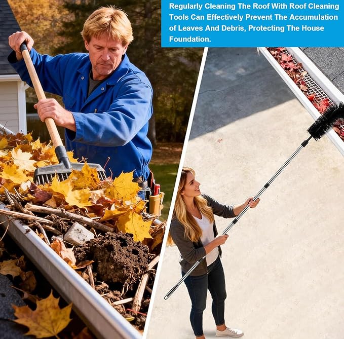 Gutter Cleaning Tools from Ground - 13FT Long Adjustable Gutter Cleaner with 2 Brushes Heads and Scoop, Rain Gutter Cleaning Tool for Easily Clear Roof Leaves and Debris