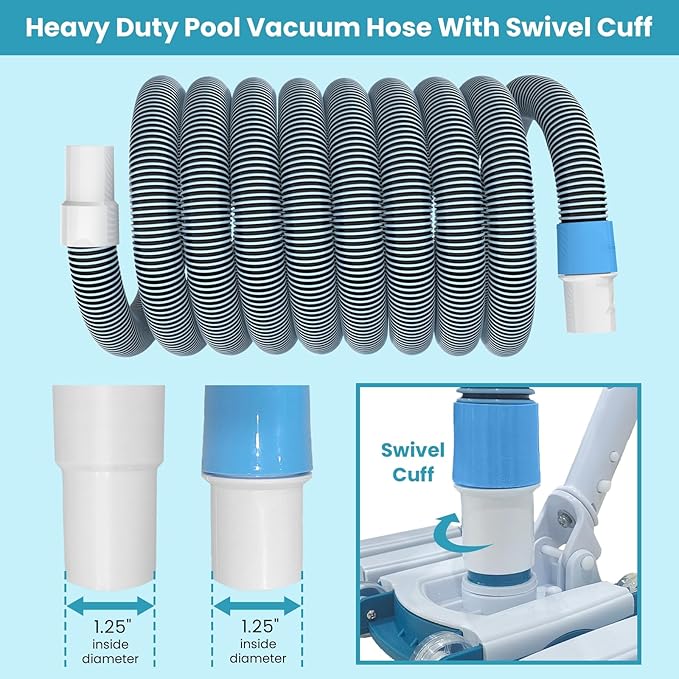 POOLWHALE Professional 1-1/2-Inch x 30-Feet Swimming Pool Vacuum Hoses and Weighted Rotatable Handle Vacuum Head with Wheels, Perfect for Above Ground and Inground Pools