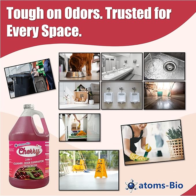 CHERRY Concentrated 3-in-1 Cleaner, Odor Eliminator & Deodorant | Cherry Scent | pH Neutral | Industrial Strength | For Bathrooms, Grease Traps, Surfaces & Pet Odors | 3.87L