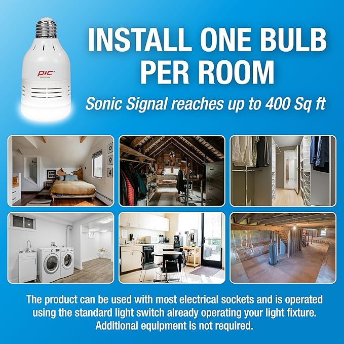 PIC Ultrasonic Rodent Repeller LED Light Bulb, Mouse & Rat Deterrent, Pest Control for Homes, Garages, Attics, Works with or Without Light On