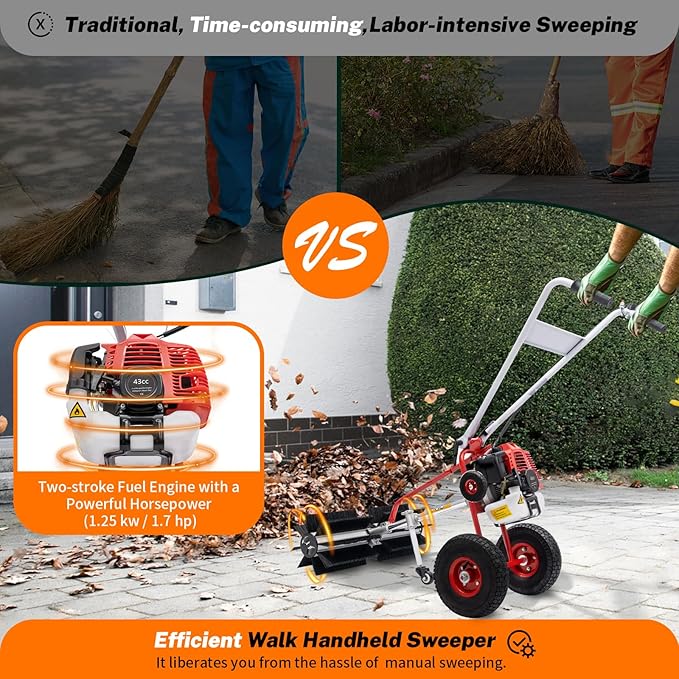43CC 2-Stroke 1.7HP Portable Gas Power Held Sweeper Broom,1250W Artificial Grass Brush Power Broom Handheld Turf Lawn Sweepers Tool W/ 2Large Wheels for Cleaning Leaves Snow Gravel