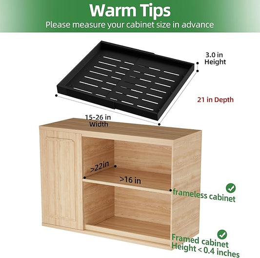 PAKETA 4 Pack Expandable Pull Out Cabinet Organizer, 21'' Deep Pull Out Drawers for Cabinets, Upgrade 3 Slide Rails Sliding Drawers for Cabinet with Adhesive Nano Film (Black, 21"D X 15-26"W ）