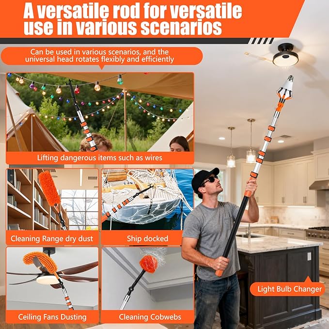 30FT Light Bulb Changer for High Ceilings with 5-24FT Heavy Duty Extension Pole,High Ceiling Ceiling Fan Cleaner Duster Kit for Home & House High Window, Interior Roof Window Cleaning Orange