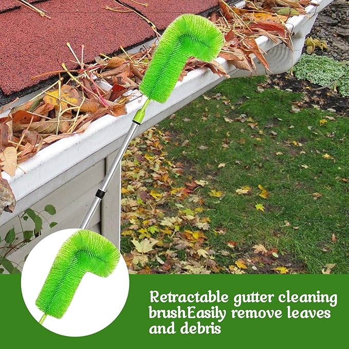Gutter Cleaning Tools from The Ground, 10 FT Gutter Cleaner Tools for Removing Leaves and Debris, Rain Gutter Cleaning Tool with 8 Steel Tubes and 2 Brush Heads (Green)