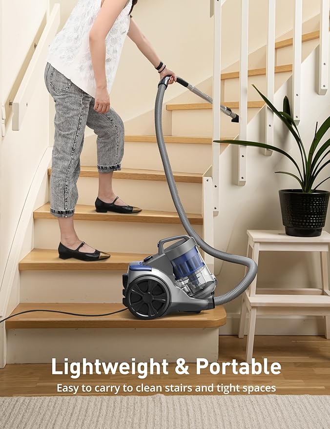 Aspiron 1700W Canister Vacuum Cleaner, 45Kpa Bagless Vacuum Cleaner, Multi-Cyclonic Filtration, 2 Anti-Allergen HEPA Filters, 3.5QT Dust Cup, 4 Tools, Corded Vacuum for Hard Floor, Pet Hair, Azure