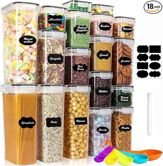stusgo 18 Pack Airtight Food Storage Containers with Lids, BPA Free Clear Pantry Storage Container for Kitchen Food Pantry Organizers and Storage, Plastic Pantry Organiser for Cereal,Flour and Sugar