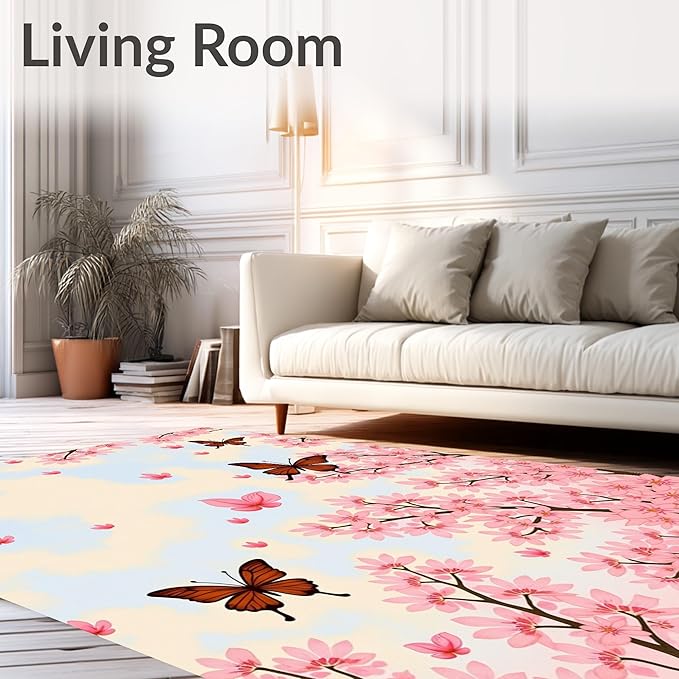 Flatwoven High Traffic Area Rug 8x10, Exquisite Springtime Blossom Shower Curtain Matching Suite, Non Slip, Stain Resistant, Washable Area Rugs for Living Room, Bedroom (Pink, 8x10)