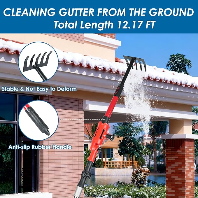 Gutter Cleaning Tools from The Ground, Adjustable Gutter Cleaning Pole with 180° Pivoting Head, Gutter Rake & 2 Gutter Brush, Gutter Cleaner Tool for Removing Leaves, Debris & Spider Webs (Black)