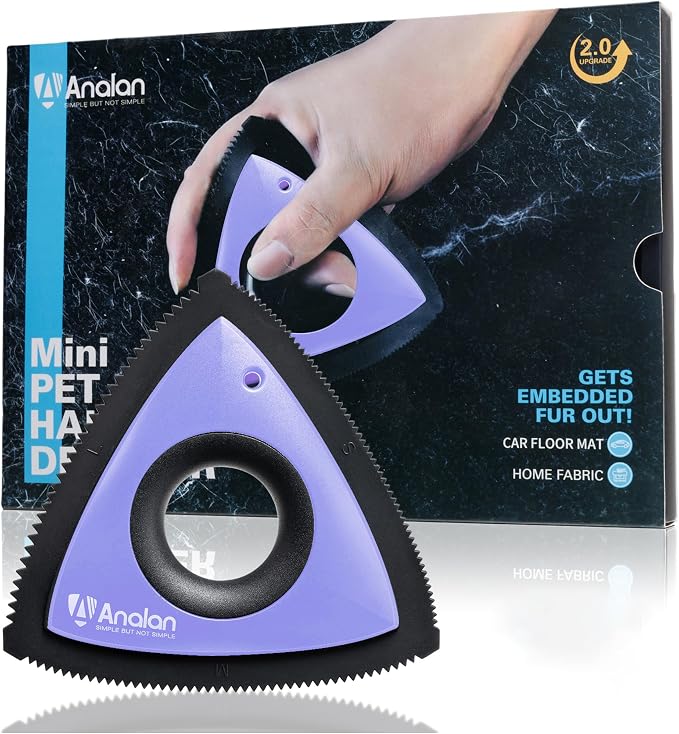 Analan Mini Pet Hair Remover for Car Detailing Dog Hair Tool Brush(Purple) | Deep Cleaning, Reusable Rubber, Gentle on Fabrics, Triangle Design For Car Interiors, Couch, Rugs, Carpet, Mats & Furniture by ANALAN