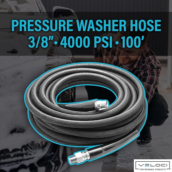 MTM Hydro Kobrajet High Pressure Washer Hose 3/8” 4000 PSI 100’ for Car Wash and Detailing, Pressure Washer Accessories, Black Commercial Grade