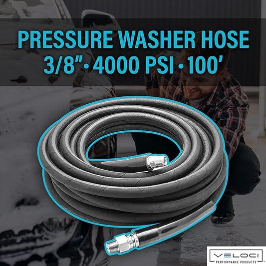 MTM Hydro Kobrajet High Pressure Washer Hose 3/8” 4000 PSI 100’ for Car Wash and Detailing, Pressure Washer Accessories, Black Commercial Grade