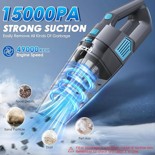 Gxzsk Handheld Vacuum Cordless, 15000PA Strong Suction Hand Held Car Vacuum Cleaner Rechargeable, Portable Hand Vacuum with Multi-Nozzles & Washable Filter for Home Office, Car, Pets