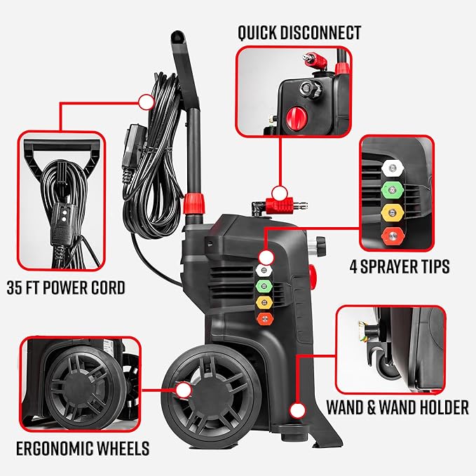 Adam's Pressure Washer 3.0 Upgrade Kit- Powerful Car Washing Pressure Sprayer, Includes Snub Nose with Swivel & 30ft Hose |1260 PSI & 1.6 GPM| Clean Your Car, Truck, House, Sidewalk, Etc.