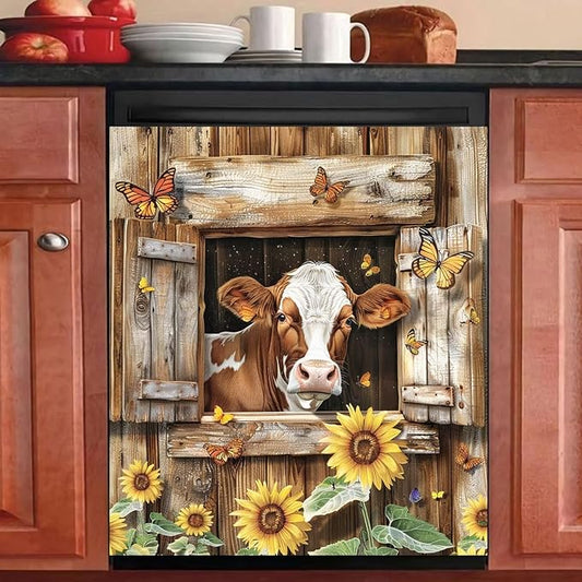 Farm Animals Cow Kitchen Magnet Dishwasher Skin Cover Panel, Country Sunflower Refrigerator Door Cover Sheet Magnetic, Butterfly Magnetic Dishwasher Sticker for Front, 23" W x 26" H Magnetic