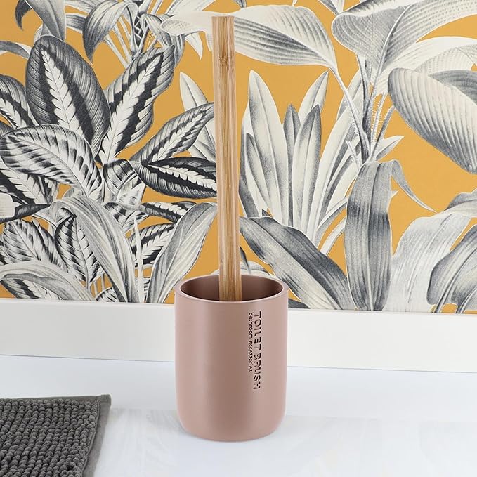 Compact Cappuccino Toilet Brush and Holder Set with Natural Bamboo Handle - Durable Toilet Bowl Brush for Deep Bathroom Cleaning