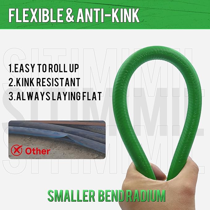 SITIMIMIL® 3/8 Pressure Washer Hose 150FT Hot Water - Commercial Grade 4800PSI Steel Wire Braided, Ultra Flexible & Kink Resistant, Quick Connect Fits Most Brands, for Home & Professional Use Green