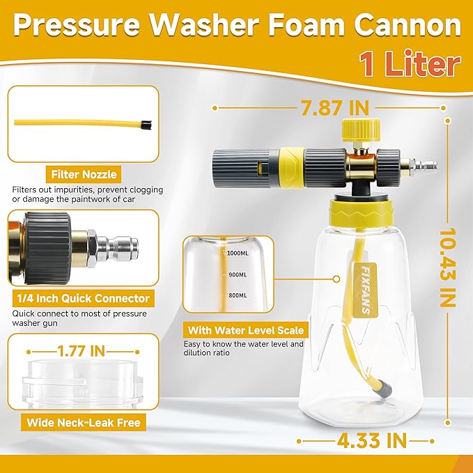 FIXFANS Foam Cannon Gun Dual Connector Accessory for Pressure Washer, Double Tip Attachment Soap Cannon with Power Washer Short Gun, Car Wash Foam Gun Kit, 1/4" Quick Connect, 5 Nozzle Tips