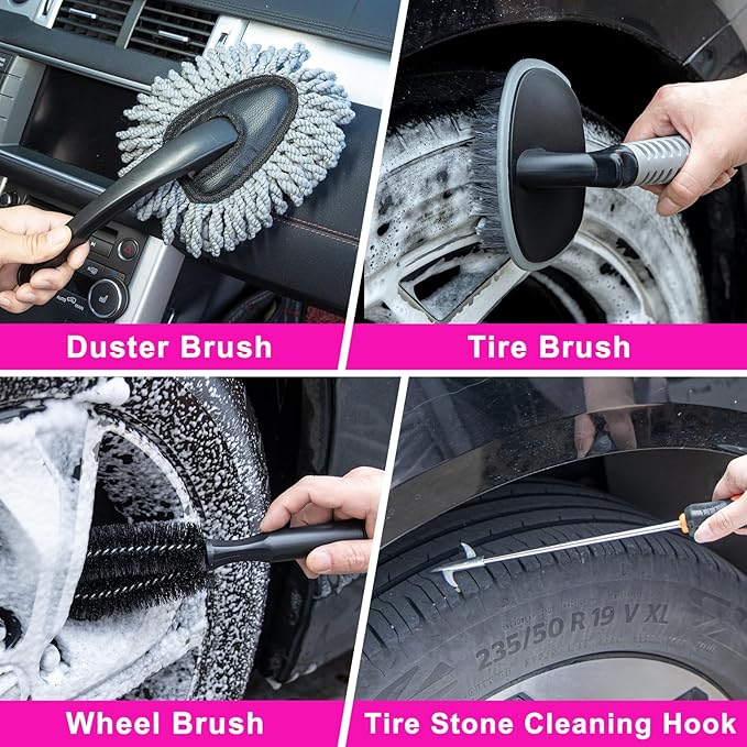 28Pcs Car Cleaning Kit Pink - Car Wash Brush with Long Handle Car Washing Mop, Car Detailing Kit for Cars, Trucks, SUVs, Jeeps