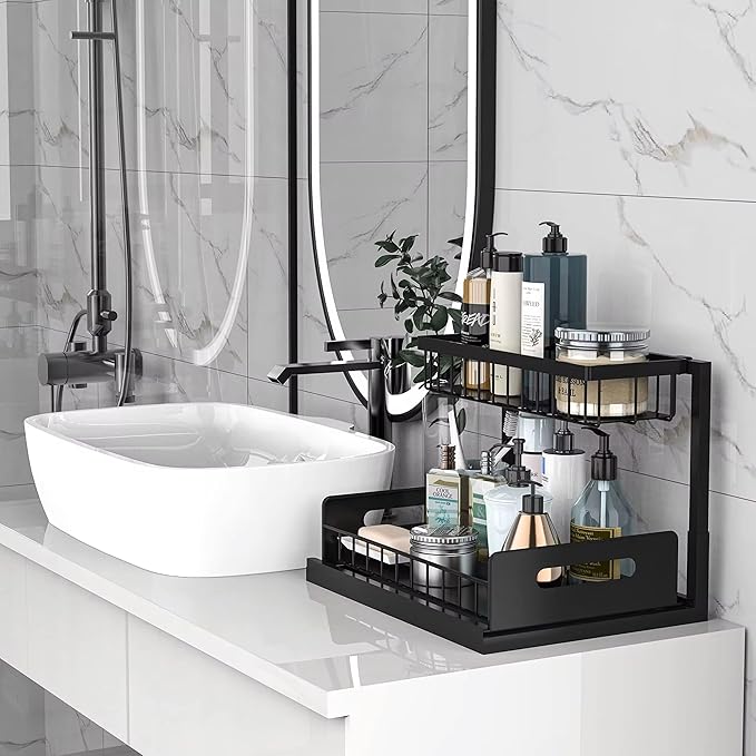 Under Sink Organizer 2-Pack – Sliding 2-Tier Metal Storage Rack, Pull-Out Cabinet Shelf for Kitchen, Bathroom, Cleaning Supplies & Toiletries.