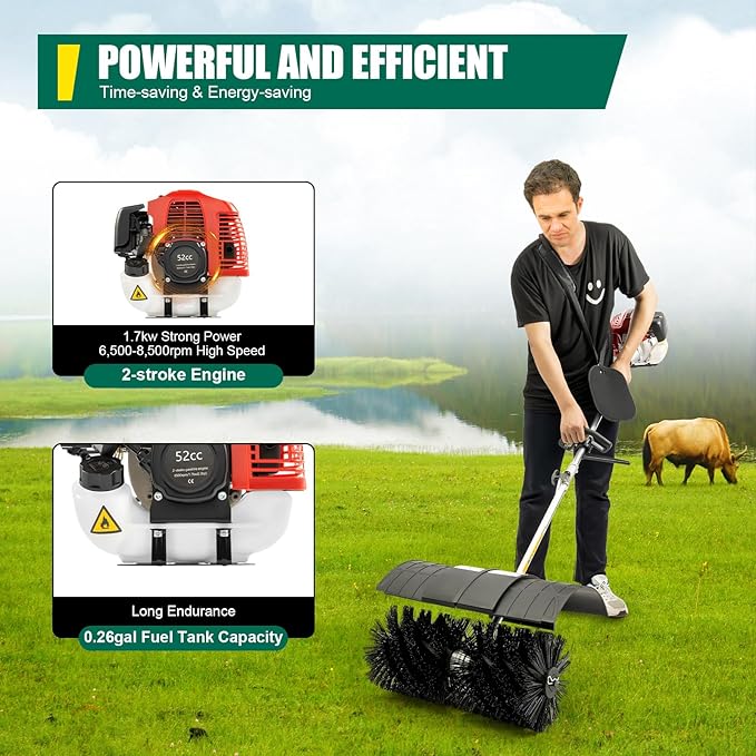Handheld Sweeper,52CC Gas Power Sweeper Broom Driveway Turf Artificial Grass Snow Clean,2-Stroke 2.3HP Engine Sweeping Lawns Brush Lawn Cleaner Tools for Boulevards,Driveways,Lawns,Sidewalks