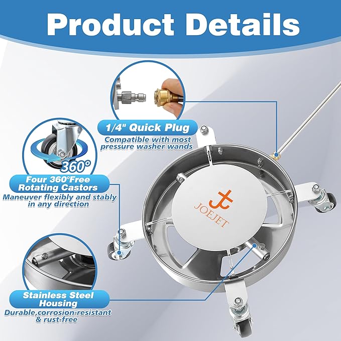 JOEJET Undercarriage Pressure Washer Attachment, Undercarriage Cleaner with 4 Wheels, 14 Inch Under Car Washer, 3 Power Washer Extension Wands, 4000 PSI
