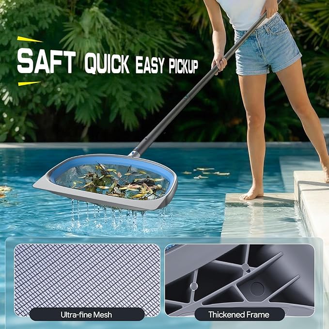 UIRWAY 3-in-1 Deluxe Swimming Pool Cleaning Kit - Includes Pool Brush with Detachable Side Round Ends, Deep Leaf Skimmer Net & Flat Fine Mesh Net for Inground & Above Ground Pools Cleaning(No Pole)
