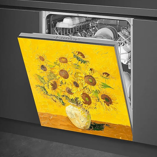 Dishwasher Magnet Cover 23x26 in Oil Painted Classic Sunflower Bouquet in White Vase Dishwasher Cover for Kitchen Appliance Decoration Front Panel Sticker Rustic Art Skin Panel Home Decor