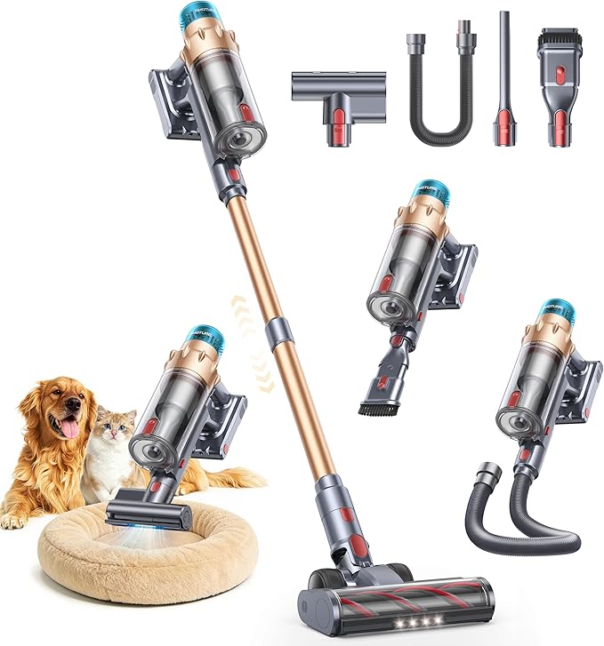 Cordless Vacuum Cleaner, 55KPA 650W 70Mins Stick Vacuum Cleaners for Home with Motorized Bed Brush, Flexible Hose, LED Touchscreen, Auto Mode, Self-Standing & Wall Mount, for Pet Hair Carpet Floor