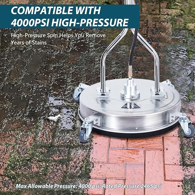 Towallmark 20" Pressure Washer Surface Cleaner with Dual Handle 4 Wheels, 3/8" Connector, 2 Replacement Nozzles, Stainless Steel Power Washer Housing Accessory for Driveway Deck Sidewalk Patio 4000PSI