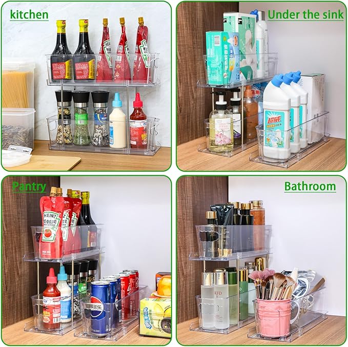 SUOXING 6 Pack Bathroom Under Sink Organizer for Small Spaces,5.1" Narrow 2 Tier Under Cabinet Storage for Cleaning Supplies Organization,Pull Out Kitchen Cupboard Underneath Sink Organizer,Clear