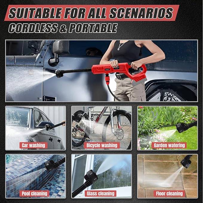 Cordless Portable Cleaning Tool Compatible with Milwaukee 18V Battery, 800 PSI Brushless Handheld Cleaner Tool with 6 in 1 Nozzle, 16.4ft Hose, for Car, Garden, Floor, Fence Cleaning (NO Battery)