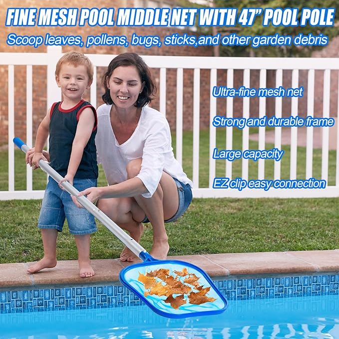 5 Pcs Swimming Pool Cleaning Kit 17.5'' Brush Head with 47'' Telescopic Aluminum Pole and Leaf Skimmer Net Vacuum Head Pumice Stone with Handle for Above Ground Pool Spa Hot Tub Maintenance