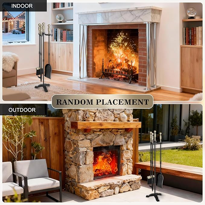 Gtongoko Fireplace Tools Set 4 Pcs 30 Inch Brass Handles Wrought Iron Large Fire Tool Set for Outdoor/Indoor Include Chimney Poker, Antique Shovel, Rustic Brush and Stand Accessories Set