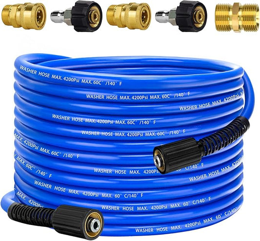 Pressure Power Washer Hose 50 FT x 1/4", Super Flexible Kink Resistant Car Washer Replacement with M22 Fittings & 3/8" Quick Connect Adapters for Ryobi Troy Bilt Flexzilla Greenworks & More, 4200PSI