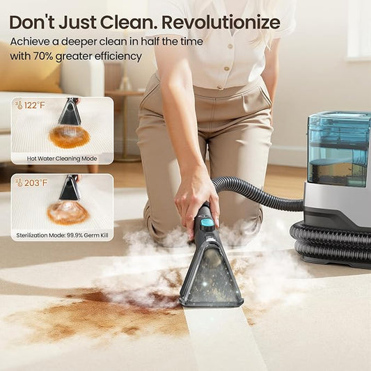 Portable Steam Carpet Cleaner, 203°F High Temp Steam & 18Kpa Suction, Deep Stain Removal & Sanitization, Spot Cleaner for Pets, Kids, Home Upholstery, Sofa, Stairs & Car Detailing