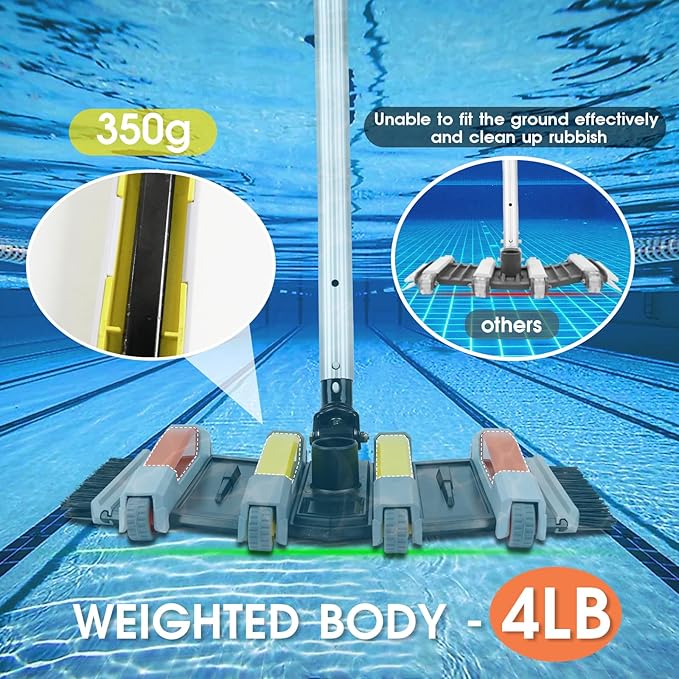 Heavy Duty Pool Vacuum Head with Side Brush Aluminum Swivel Handle & Wheels Professional Weighted Swimming Pool Vac for Vinyl Liner Cleaner Heads for Inground & Above Ground Pool