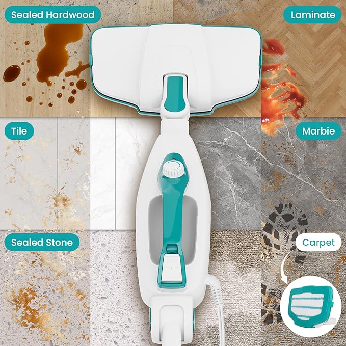 10-in-1 Steam Mop, 1550W Detachable Handheld Steam Cleaner with 350ML Tank for Floor Cleaning, 16FT Power Cable, 2 Washable Pads, Multi-Purpose Steamer for Hardwood, Carpet, Tile, Windows,Cyan