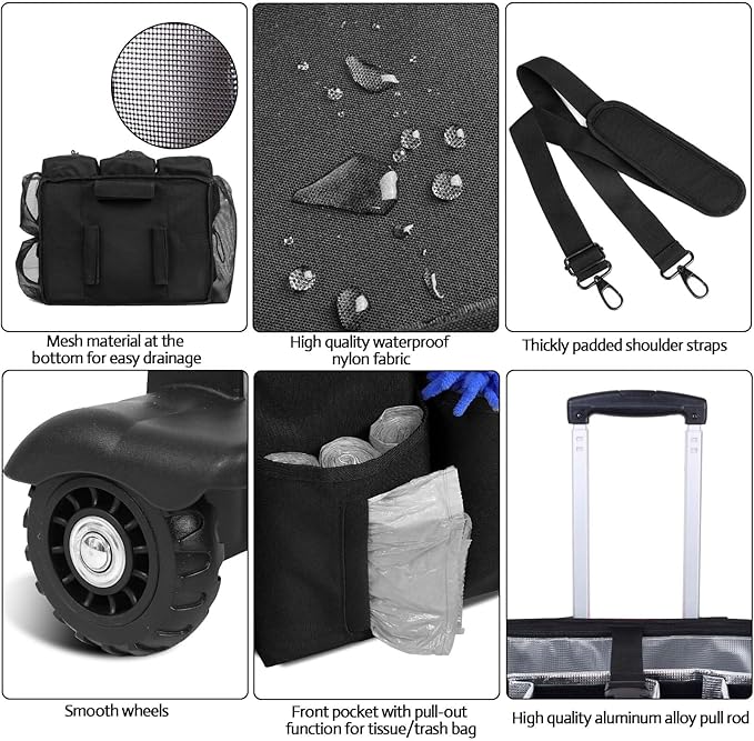 Extra large Rolling Cleaning caddy bag Built-in Hard Support Board,Cleaning Cart with Detachable Trolley, Housekeeping Cleaning caddy with Adjustable Shoulder Strap and Multiple Storage Pockets