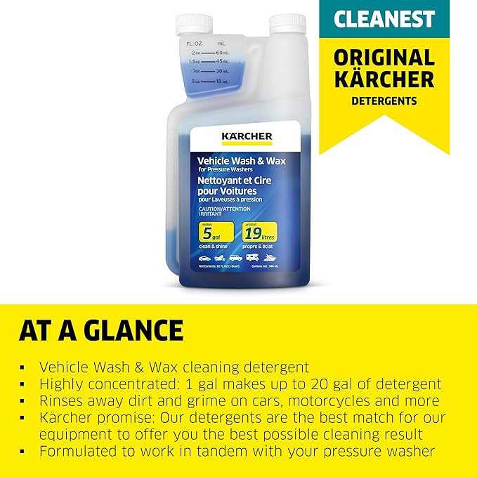 Kärcher 1 Quart Pressure Washer Vehicle Detergent and Wax - Power Washer Soap for Cars, Bikes, Trucks, Boats and More (Pack of 2)