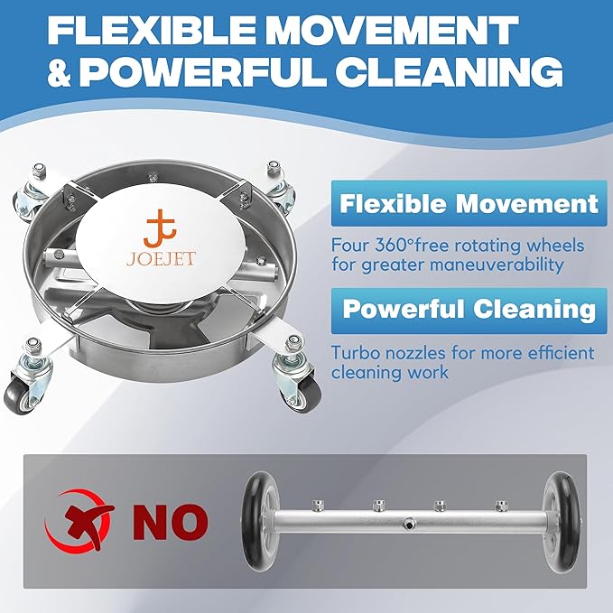 JOEJET Undercarriage Pressure Washer Attachment, Undercarriage Cleaner with 4 Wheels, 14 Inch Under Car Washer, 3 Power Washer Extension Wands, 4000 PSI
