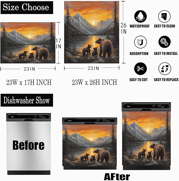 Lake Sunset Reflection Brown Bear Dishwasher Magnet Cover, Creative Kitchen Appliances Panel Decorate Refrigerator Front Door Magnets Decals 23" W x 26" H