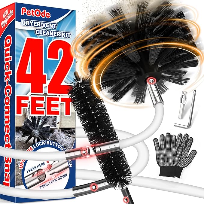 PetOde 42Ft Dryer Vent Cleaner Kit, Flexible Lint Remover | Upgraded Quick-Snap Brush with Drill Attachment for Easy to Use, Deep Clean, Lint Removal, Easy DIY Assembly, Home Essential by PetOde