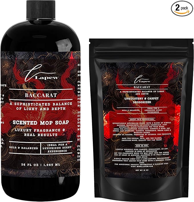 Lapew Baccarat Scented Cleaning Bundle | Carpet Deodorizer Powder (16 oz) & Mop Soap Concentrate (36 oz) | Pet-Friendly Odor Eliminator