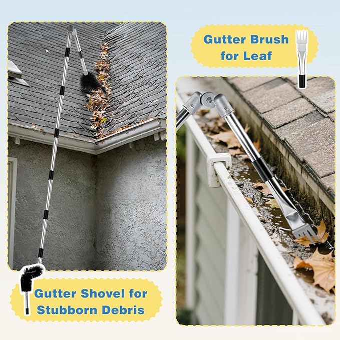 Gutter Cleaning Tools from The Ground, 13.1FT Adjustable Gutter Cleaner Pole with 180° Pivoting Head & Replaceable Brush, 10-Section Leaf Cleaning Tool - No Ladder Needed