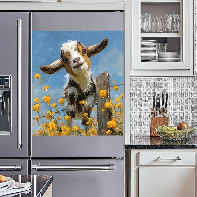 NYZE Dishwasher Magnets Cover, Dishwasher Magnetic Sticker Decorative, 23 x 26 Inch Removable Reusable Dish Washer Cover Mat for Dishwashers (Cute Goat & Yellow Flowers)