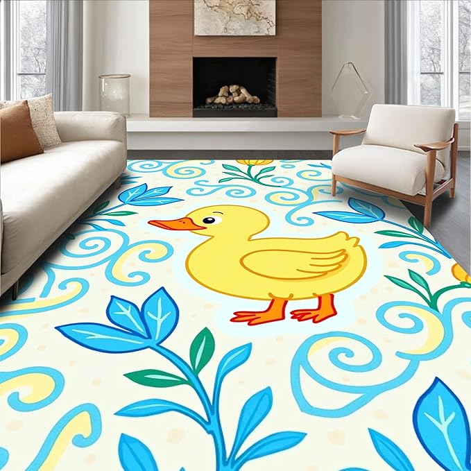 Flatwoven High Traffic Area Rug 8x10, Whimsical Pond Life with Floating and Floral Swirl, Non Slip, Stain Resistant, Washable Area Rugs for Living Room, Bedroom (Yellow, 8x10)