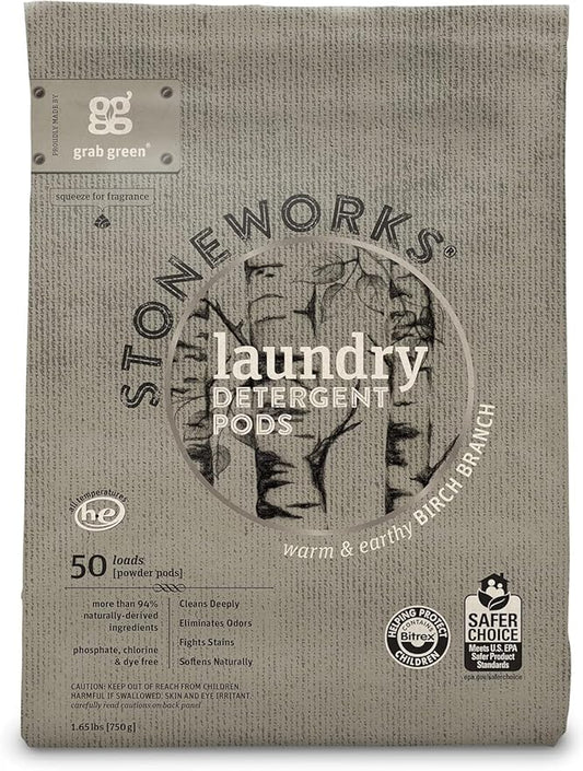 Grab Green Stoneworks Laundry Detergent Pods, 100 Count, Birch Branch Scent, Plant and Mineral Based, Cleans Deeply, Eliminates Odors, Fights Stains