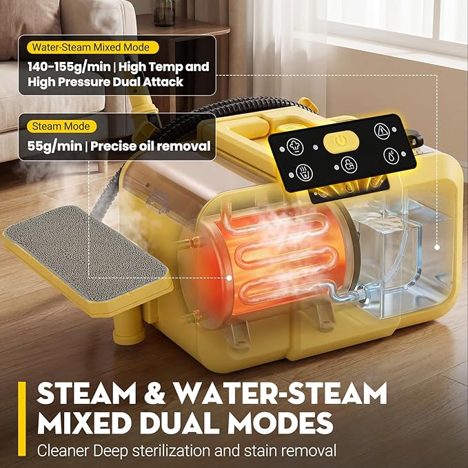 Steam Cleaner, Chemical-Free High-Pressure Commercial Steamer Cleaner with Unlimited Steam Injection, Fast Heat-Up, 2.2L Capacity, 14 Accessories for Floors, Grout, Upholstery (yellow)