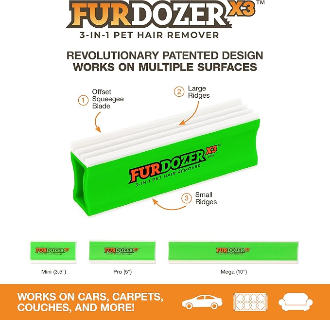 FurDozer Pet Hair Remover & Auto Detailing Tools - Cat & Dog Hair Remover for Carpets, Car Interiors, Couches, Bedding, & Pet Furniture (Green, X3 PRO - 5" Long) - Image 2